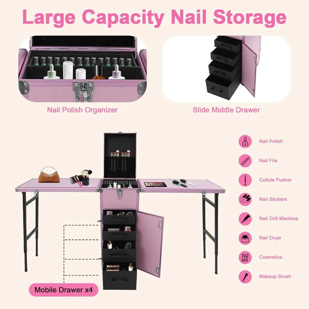 مكتب أظافر محمول قابل للطي مع طاولة مانيكير دوارة وحقيبة مستحضرات تجميل مكونة من حجرتين لمكياج السفر #2