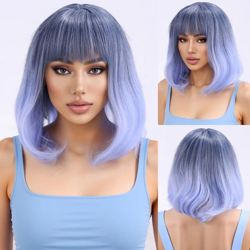 

Short straight hair with bangs, light blue to black gradient BoBo style, everyday cosplay wig for women