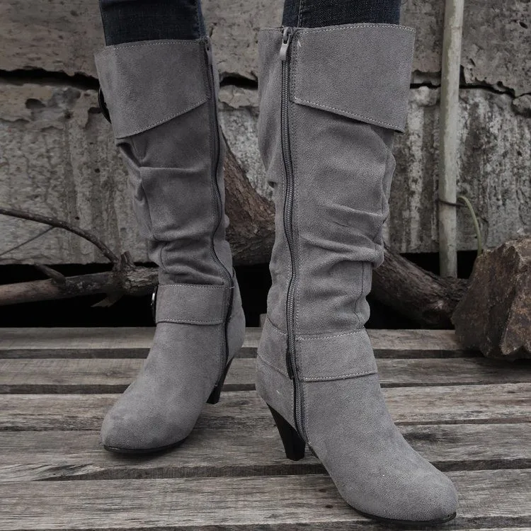 Grey Womens Boots with High Heels High Tube Round Toe Side Zipper Anti-slip Wear Four Season Abrasive Leather Fashion Boots