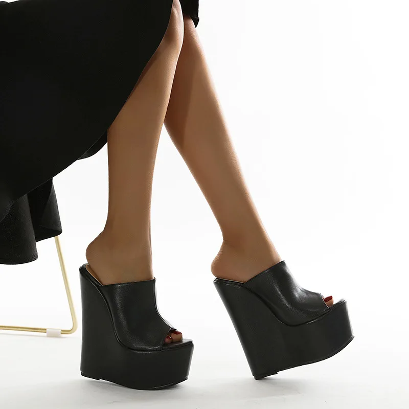 

Sandals Summer 2025 New Women Slippers Platform Trend Super High Heels Ladies Shoes Pumps Black Soft Leather Thick Slides Mujer
