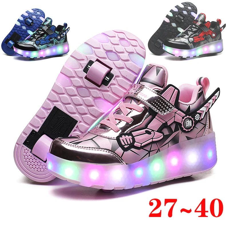 27-40 Fashion Children Two Wheels USB Charging Sneakers LED Light Roller Skate Shoes Kids Gift for Boys Girls Sport Casual Shoes