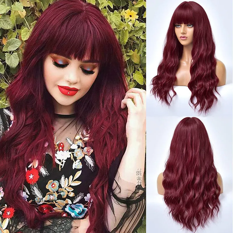 

Wine Red Wig With Bangs Long Curly Wavy Wig Synthetic Heat Resistant Replacement