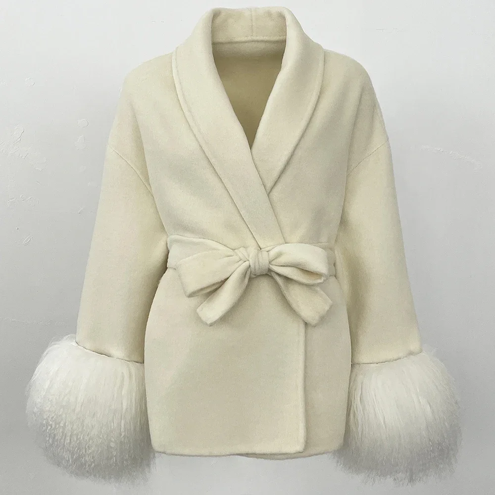 معطف 2025 معطف صوف من فرو الثعلب معطف صوفي مرقع جميل من الفرو المنغولي للنساء سترة صوف للخريف والشتاء معطف بارد للنساء