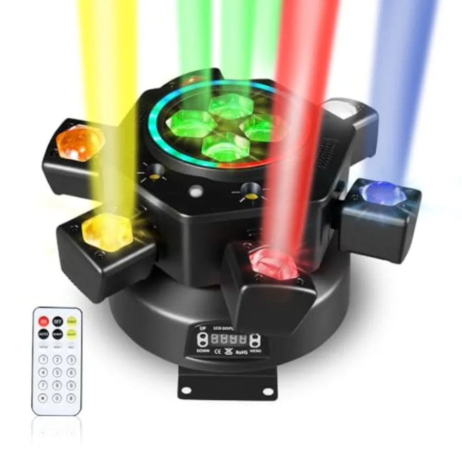 

6 Arm Moving Head DJ Lights, 150W RGBW LED Stage Lighting with Strobe and Bee-Eye Effect, Red/Green Starry, DMX512, Remote Cont
