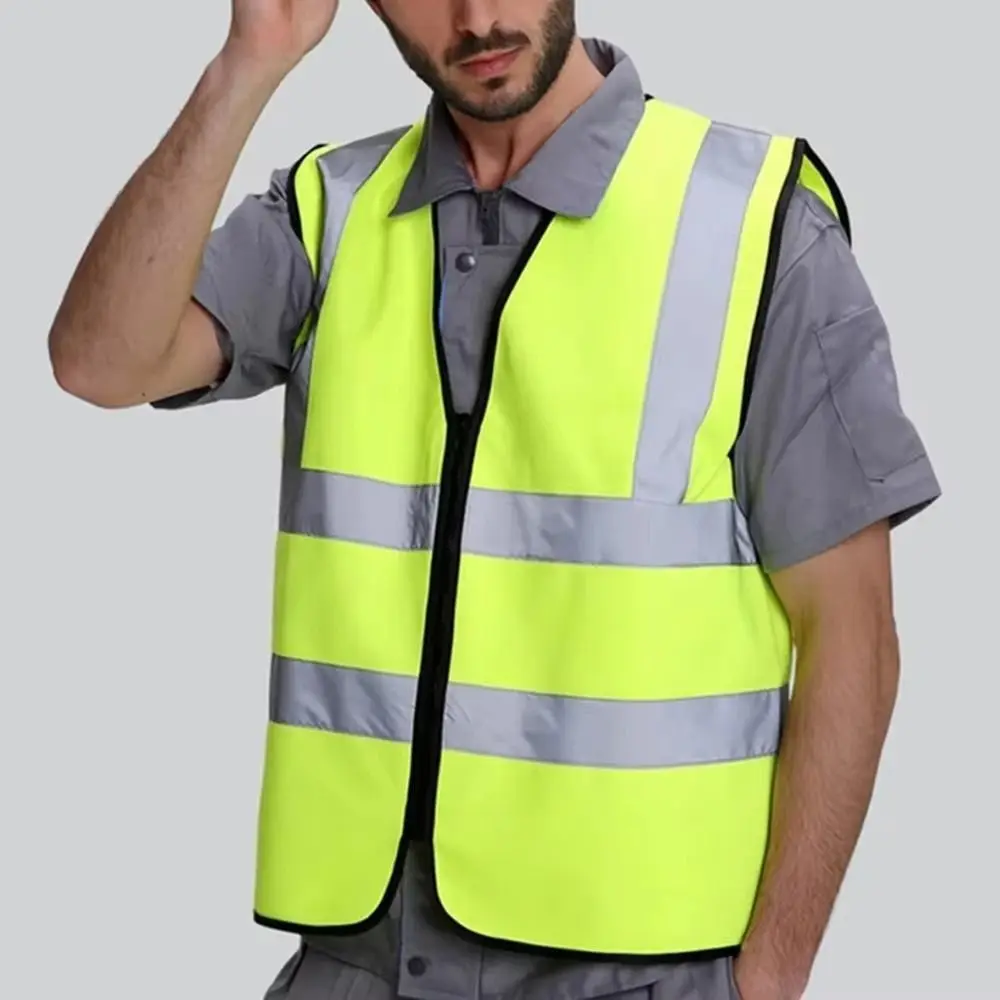 Durable High Visibility Safety Vest Front Reflective Strips Zipper Work Vest Security Guard Vest Construction Work