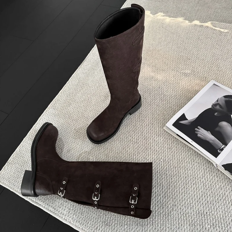 Women's Leather Knee-High Riding Boots Buckle Straps Detail Retro Design Classic Low Block Heel Casual Ladies Daily Punk Botas