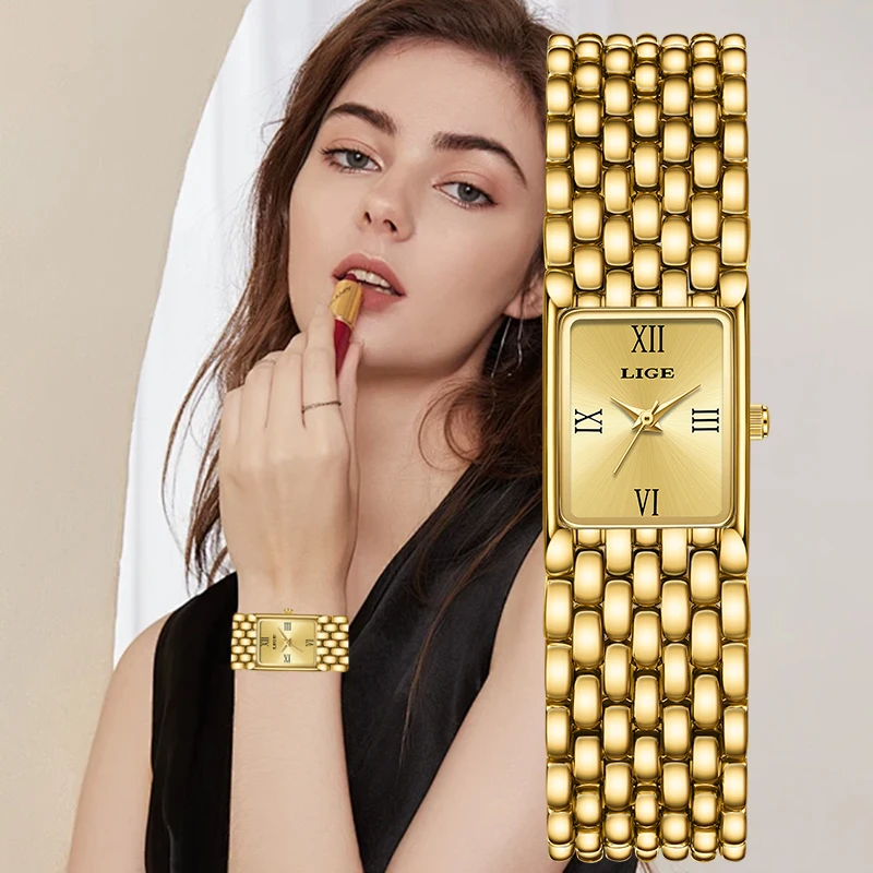 

LIGE Top Brand Luxury Woman Watch Elegant Fashion Casual Square Bracelet Quartz Watches for Women Analog Movement Ladies Clocks