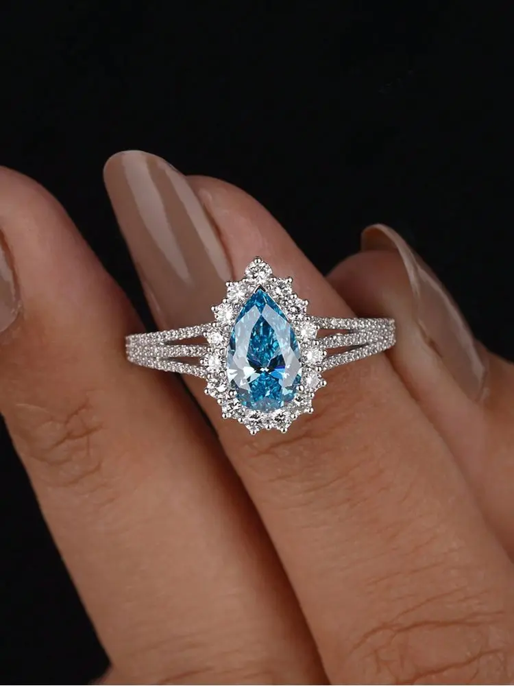 925 Sterling Silver Fashion Vintage Sea Blue Pear Zircon Ring For Women Engagement Wedding Simple High Quality Fine Jewelry