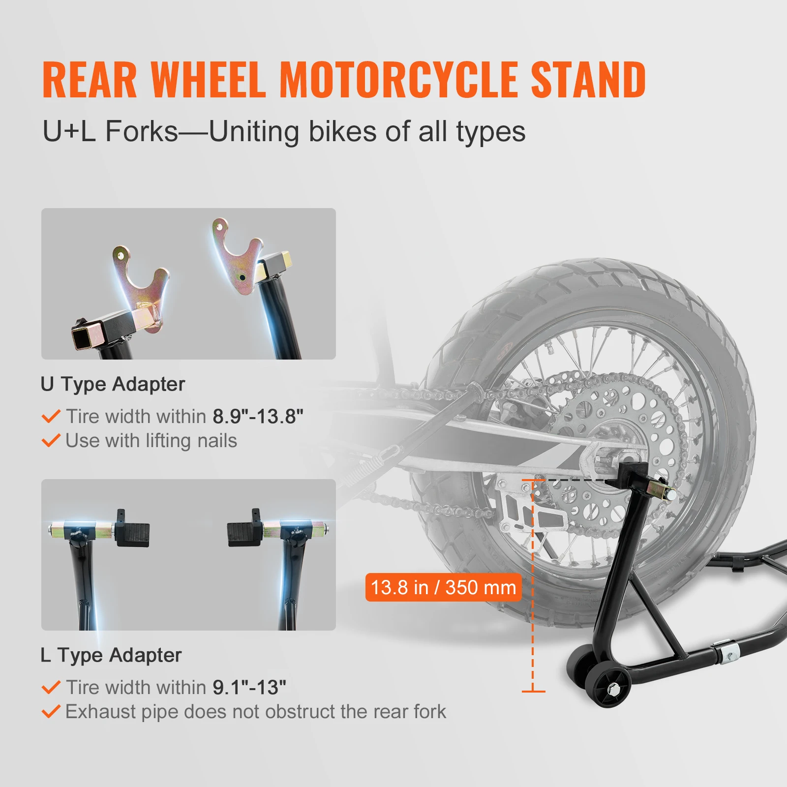 Imagem -03 - Vevor-motocicleta Stand Lift Combo Stand Dianteiro e Traseiro Wheel Stand Heavy Duty Carrinho da Roda Traseira 850lbs