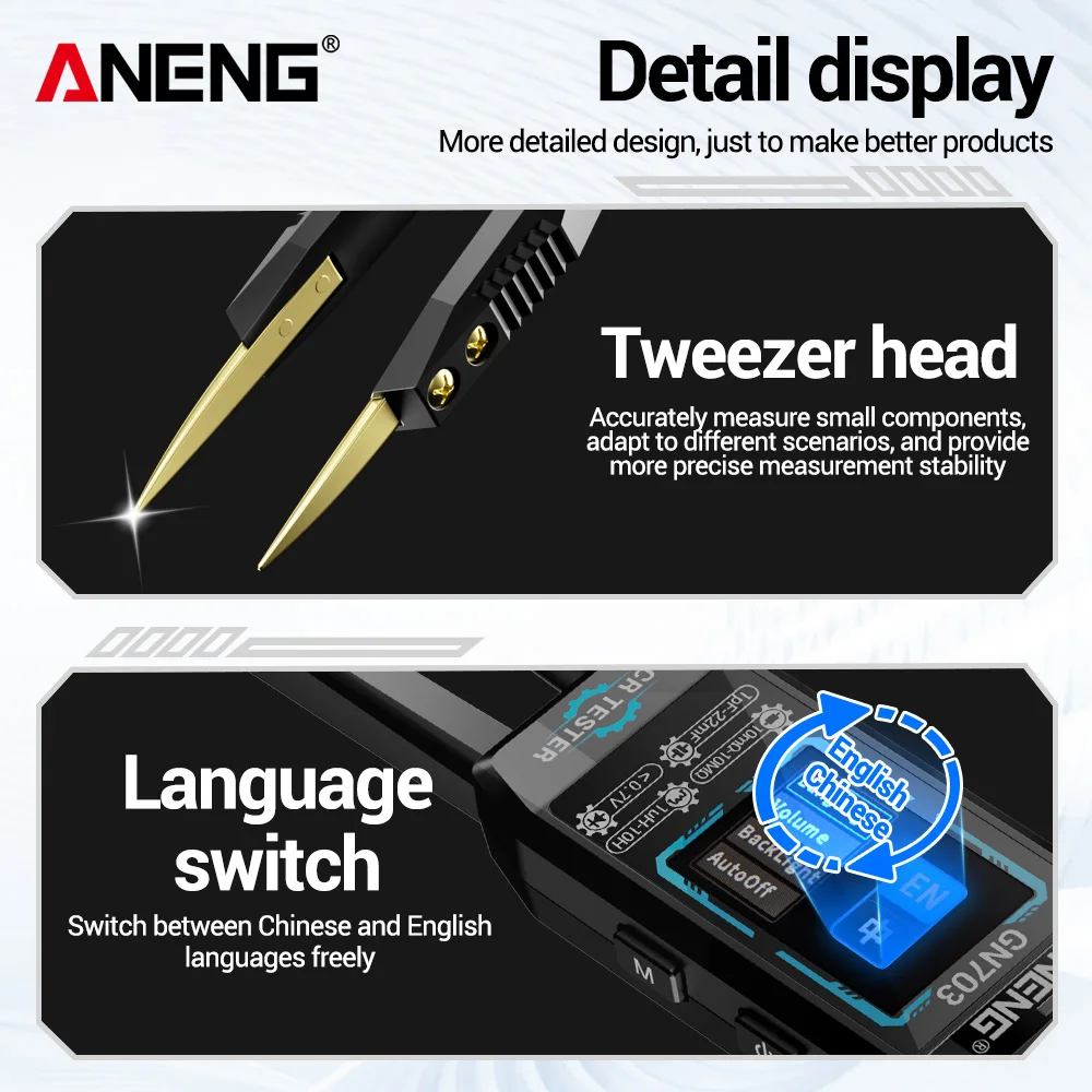 ANENG GN703 LCR Bridge Tweezers Built-in Lithium Battery 100Hz/1K/10K Precision Capacitor Resistor Inductor Diode Tester view 6