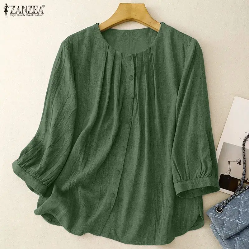 Vintage Shirts ZANZEA Autumn Spring Blouses Women Casual O Neck 3/4 Sleeve Tops Solid Buttons Down Blusas Mujer Femme Work Shirt