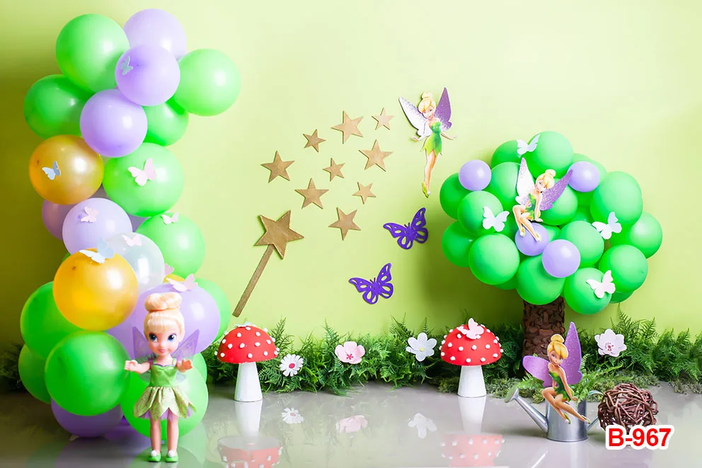 Fairy Backdrop for Tinker Bell Theme Birthday Party Green Photo Background for Tinkerbell Theme Party Cake Table Decorations