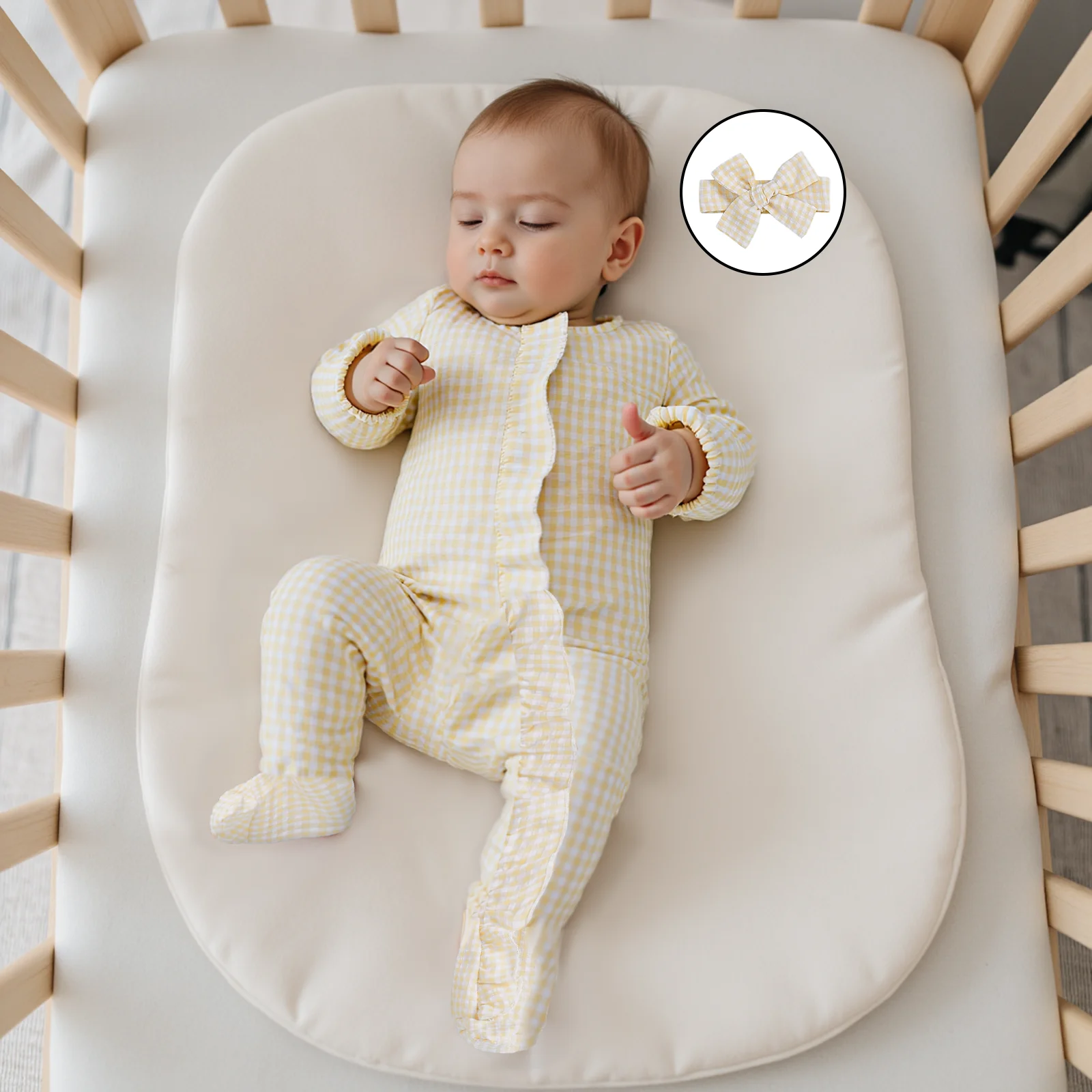 

Baby Girl Lovely Fall Spring Footies Headband 2 Pcs Set Plaid Ruffled Trim Zip Front Long Sleeve Romper Clothes