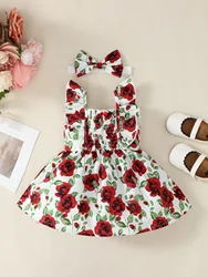 0-2 Year Old Newborn Girl Rose Digital Print Flying Sleeves Bow Dress