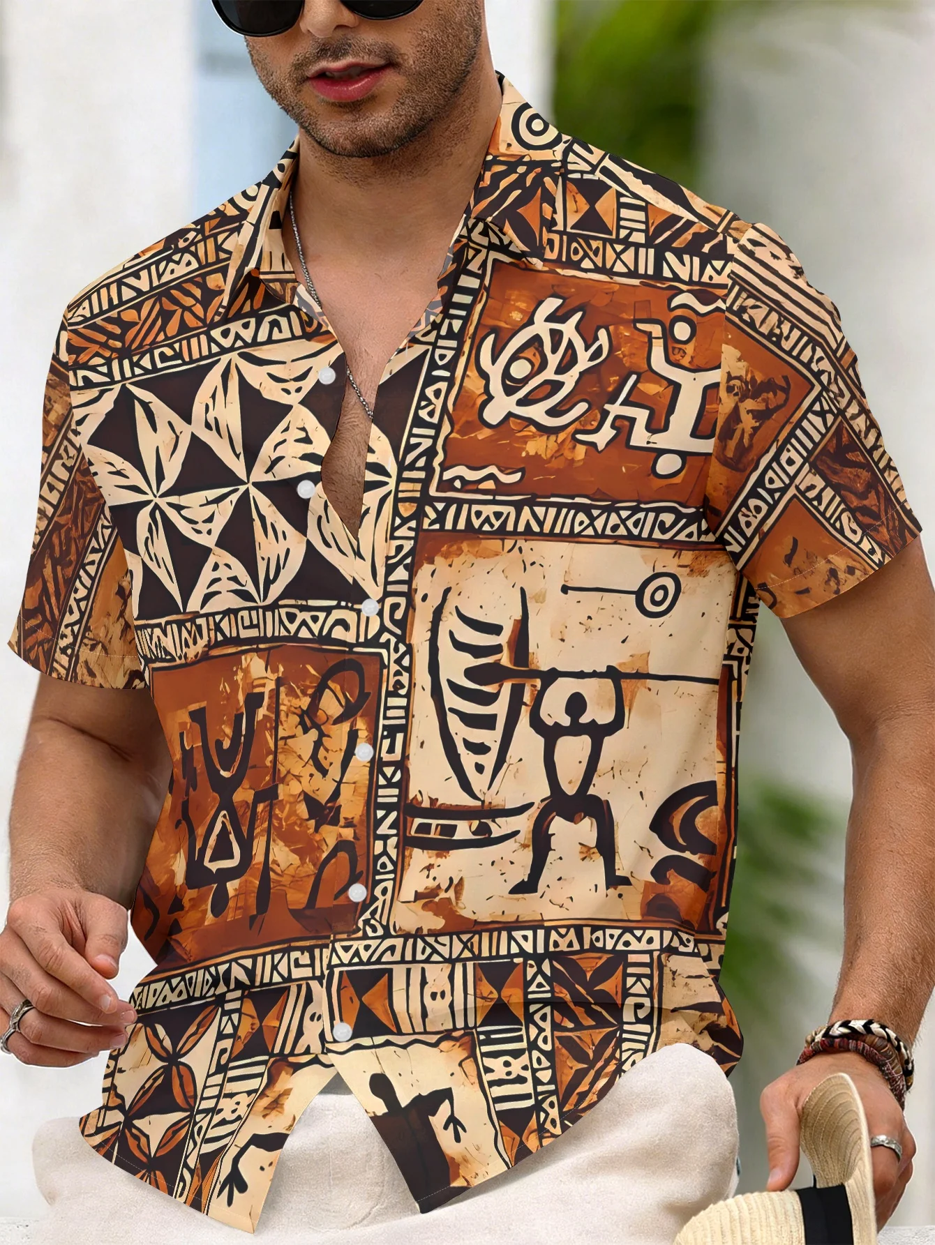 African Shirts Vintage Tribal Cave Painting Geometric Block Printed Loose Casual Short Sleeve Lapel Tops Men Clothes