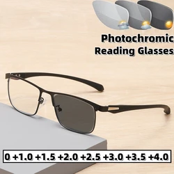 Men High-definition Presbyopia Photochromic Glasses Anti-blue Light Far Sight Glasses Business Metal Half Frame Reading Glasses