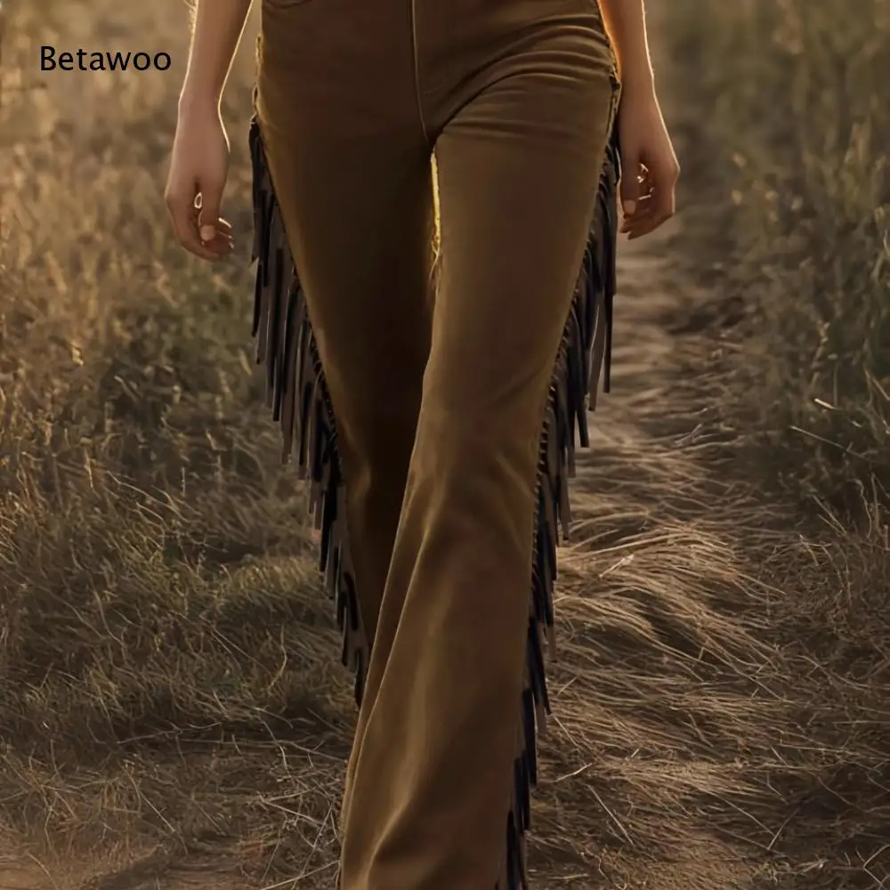 Retro Cowgirl Style Mid Waisted Flared Pants Ladies Side Fringe Detail Faux Suede Wide Leg Trousers Bohemian Streetwear