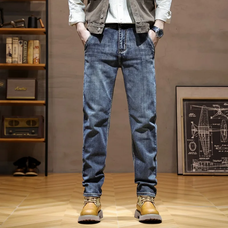 Jeans de perna reta retrô bordado masculino, nostalgia, processo lavado de barba de gato, calça comprida americana jovem, moda