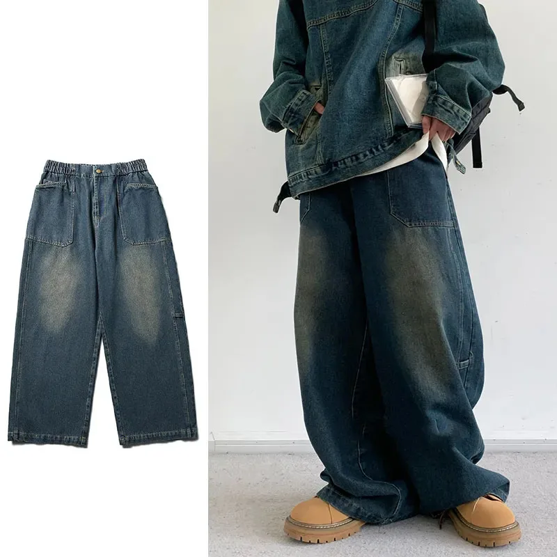 Retro Denim Set Men Loose Vintage Cowboy Hooded Pullover +wide-leg Jeans Male 2-piece Set Japanese Street Spring Autumn Suits