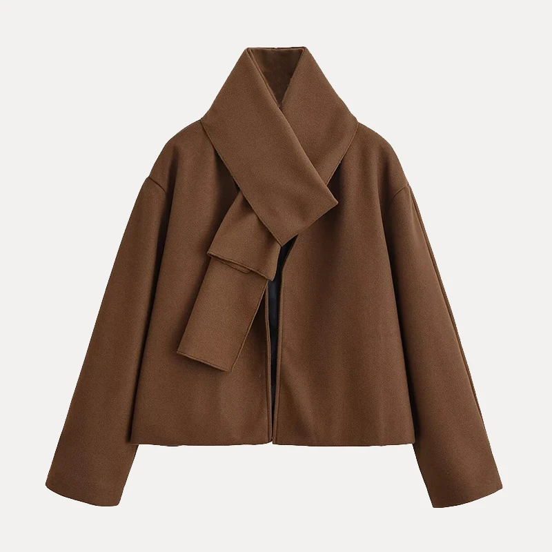 

Ladies' Woolen Coat 2025 Summer New Sle Decorative Netie Women's Faion Zipper Front Long Sve Straight Cut Polyester