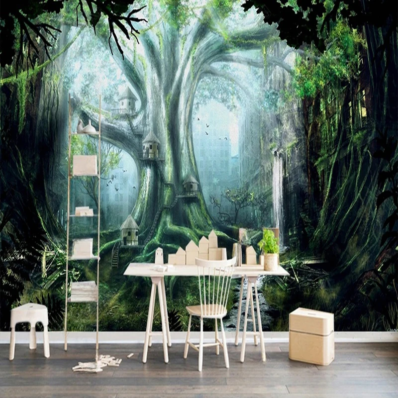 Modern Cartoon Nature Scenery Tree Waterfall Wallpaper Backdrop Forest Landscape Custom Photo Mural Background Room Decor 3D