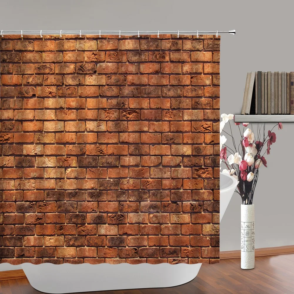 

Red Brick Wall Shower Curtain Vintage Rampart Country Natural Scenery Cloth Bathroom Decor Curtains Set Bathtub Screen With Hook