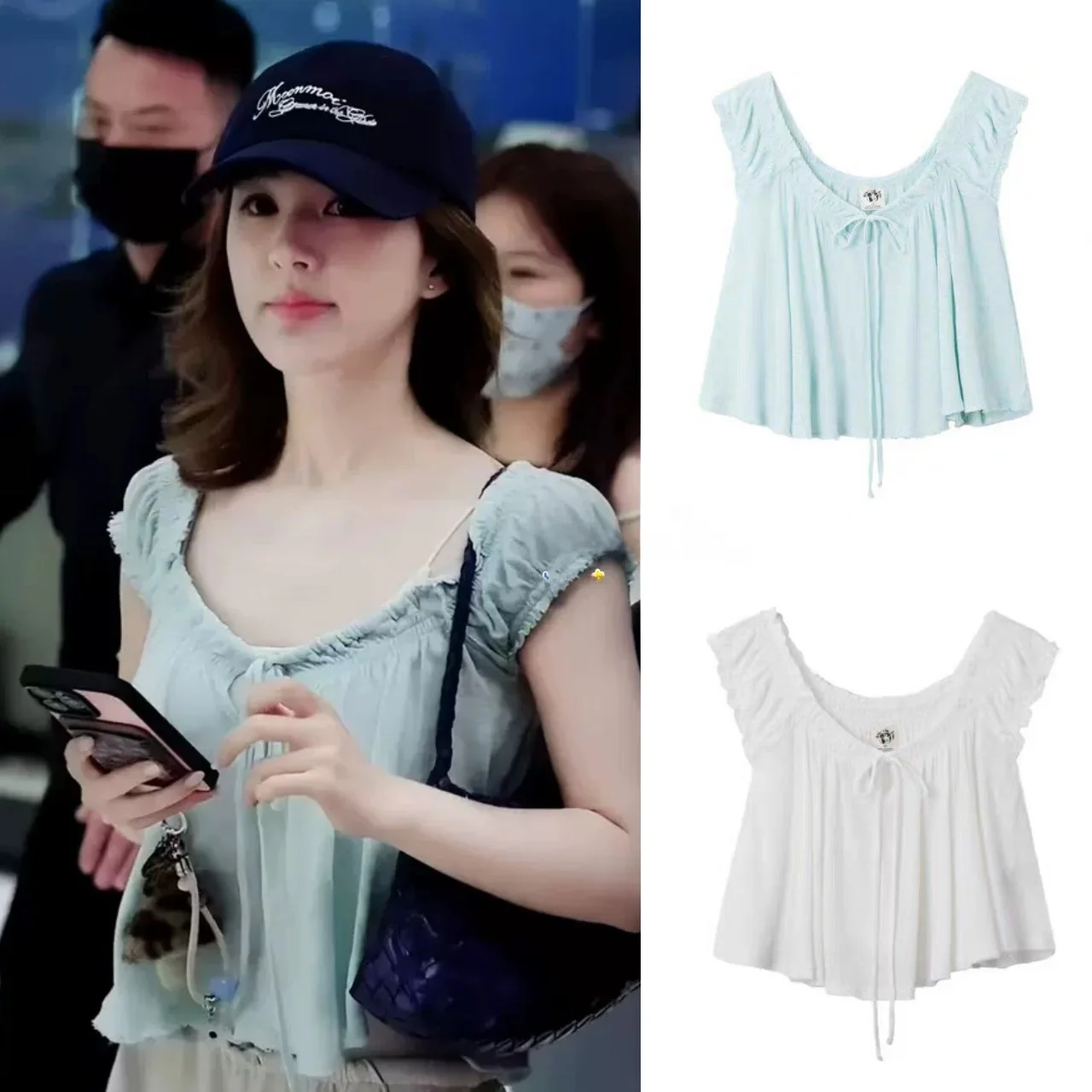 

Free People Women's Short Shirt Vest Folded Collar Drawstring Korean Style Breathable Linen Summer Top V-neck Casual Wear