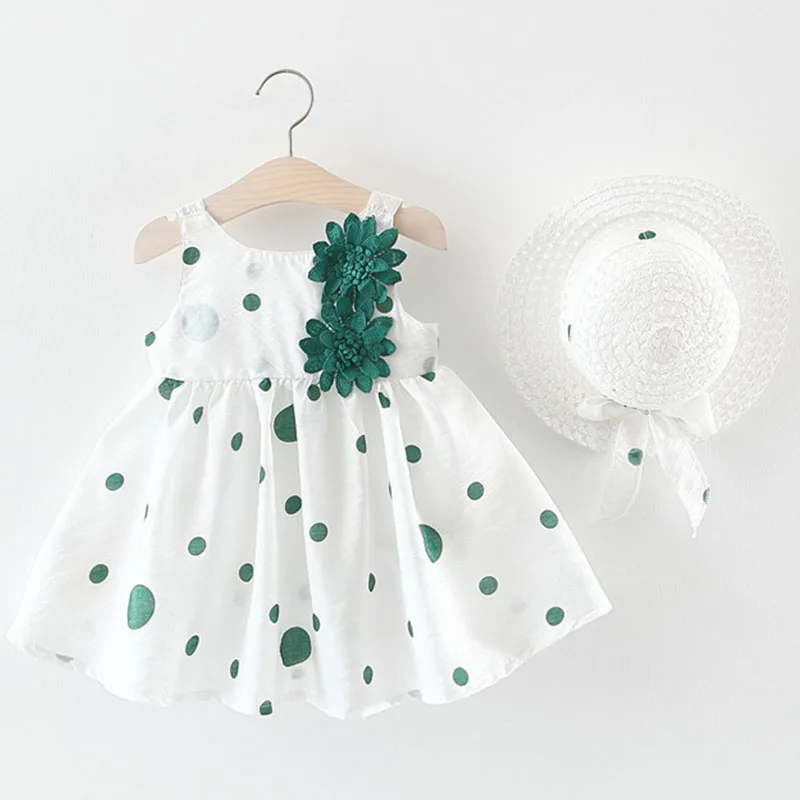 Vêtements d'été pour nouveau-nés filles, 2 pièces, mode coréenne, robes de bébé en coton sans manches à pois + chapeau de soleil, robe de princesse pour tout-petits B204