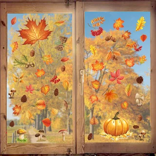5Pcs Autumn Window Clings, Pumpkin & Leaf Double-Sided Glass Stickers, Thanksgiving Decorations, Fall Harvest Window Decals for