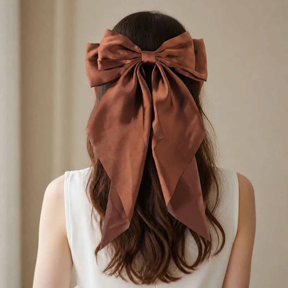 Satin Bow Hair Clips Antique Bronze 3 Piece Set Long Ribbon Tails Barrettes Half Up Hairstyles Ponytails Low Buns Party Styling