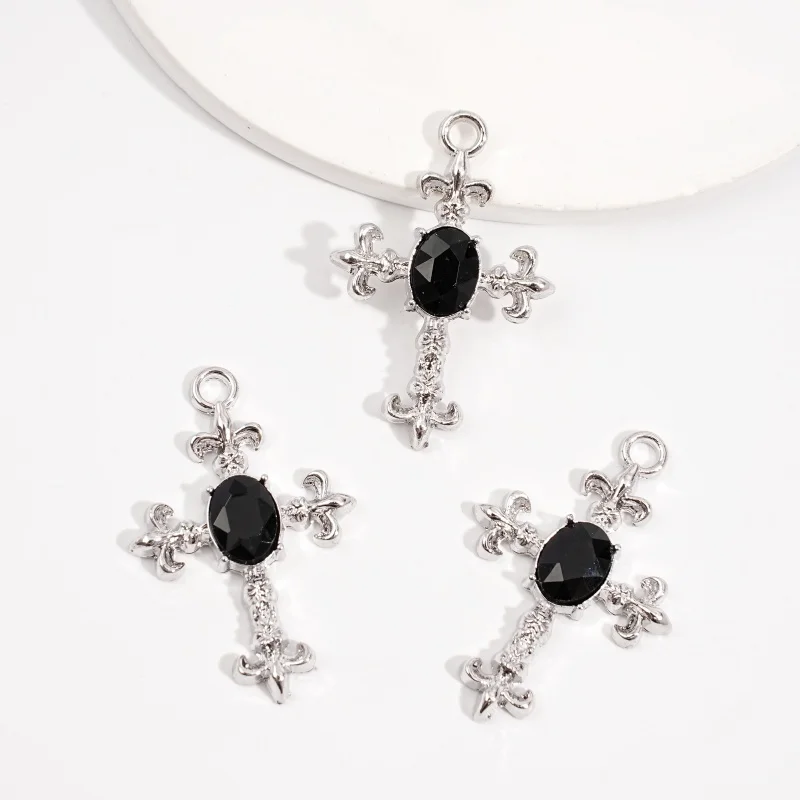 5Pcs Gothic Silver Ten Inlaid Oval Black Rhinestone Metal Cross Pendant Necklace Earrings Bracelet Jewelry Making Accessories view 5