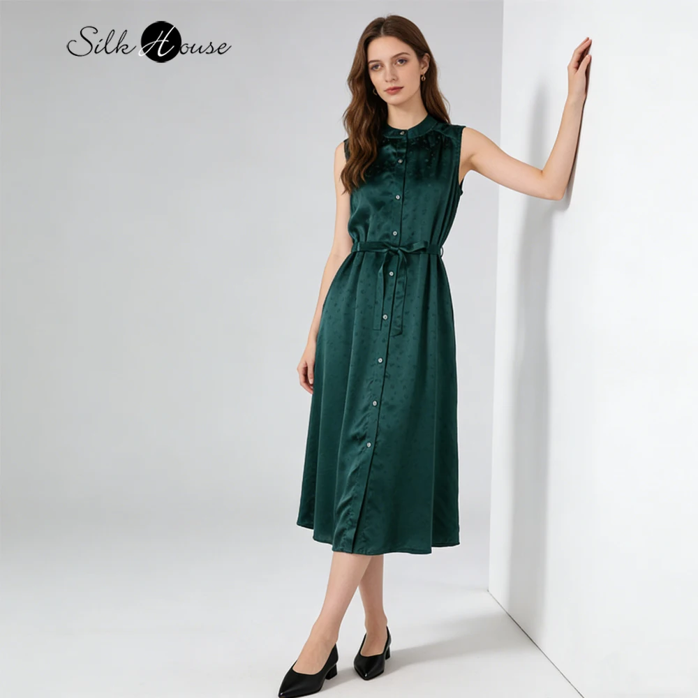 

Temperament Retro Green Soft Glutinous 100% Natural Mulberry Silk Jacquard Satin Elegant Commuter Shirt Style Tank Top Dress