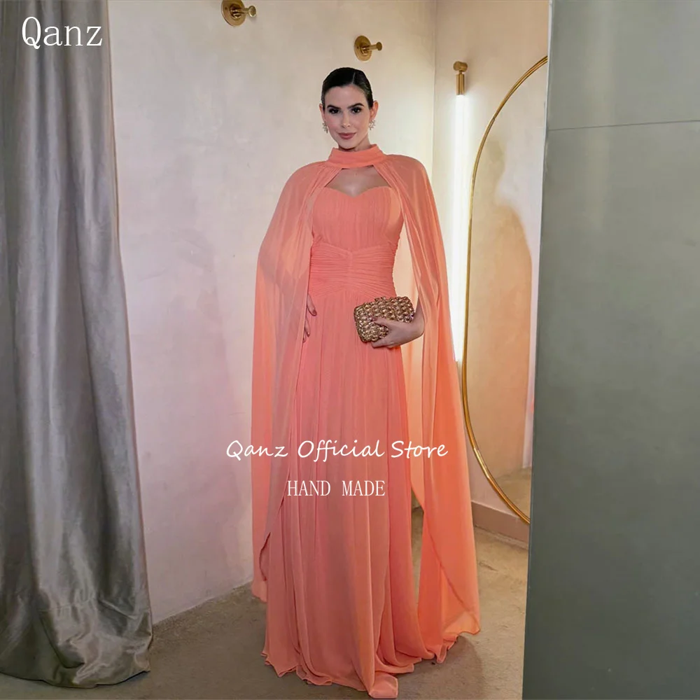 

Qanz Chiffon Formal Evening Dresses Long A Line Cap Long Sleeves Wedding Guest Dresses Strapless Party Prom Dresses Customized