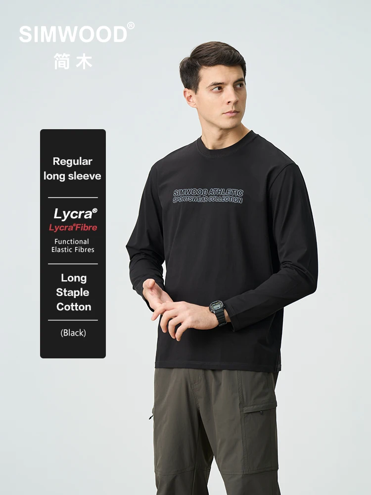 

SIMWOOD 2025 осенние новые 210 г/м2 длинные хлопковые футболки с длинными рукавами, мужские эластичные принты, удобные волокнистые топы с буквенным принтом