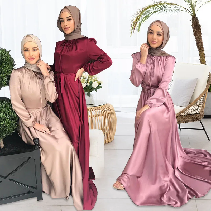 

Casual Dubai Abayas Kimono Muslim Elegant Satin Dress for Women Solid Robe Female Islam Clothes with Belt Vestido Longo Feminino