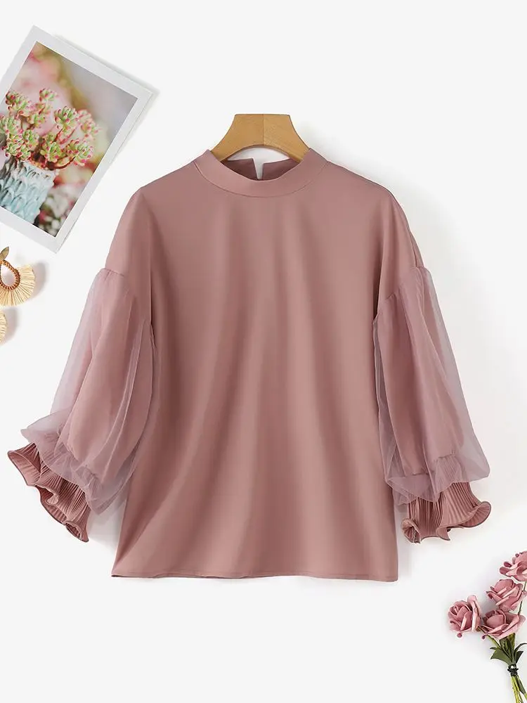 ZANZEA Women Elegant Party Blouse Chic Mesh Ruffle 3/4 Sleeve Tops 2024 Autumn Designer Stand Collar Shirts Korean Loose Tunics