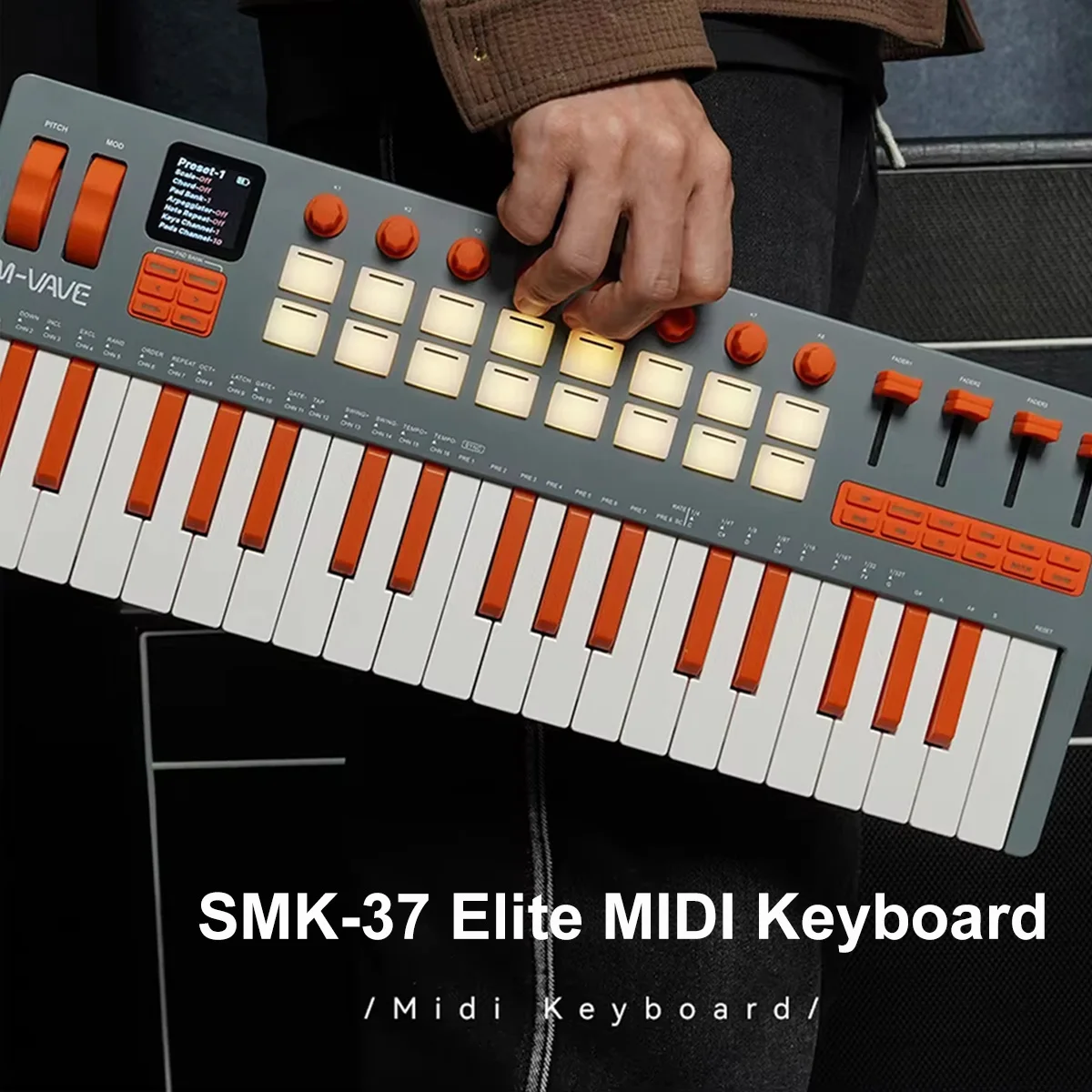 M-VAVE SMK-37 Pro Elite MIDI Keyboard Grey-Orange, Portable 37 Keys FM Synthesizer 16 Pads Rechargeable Battery 10h