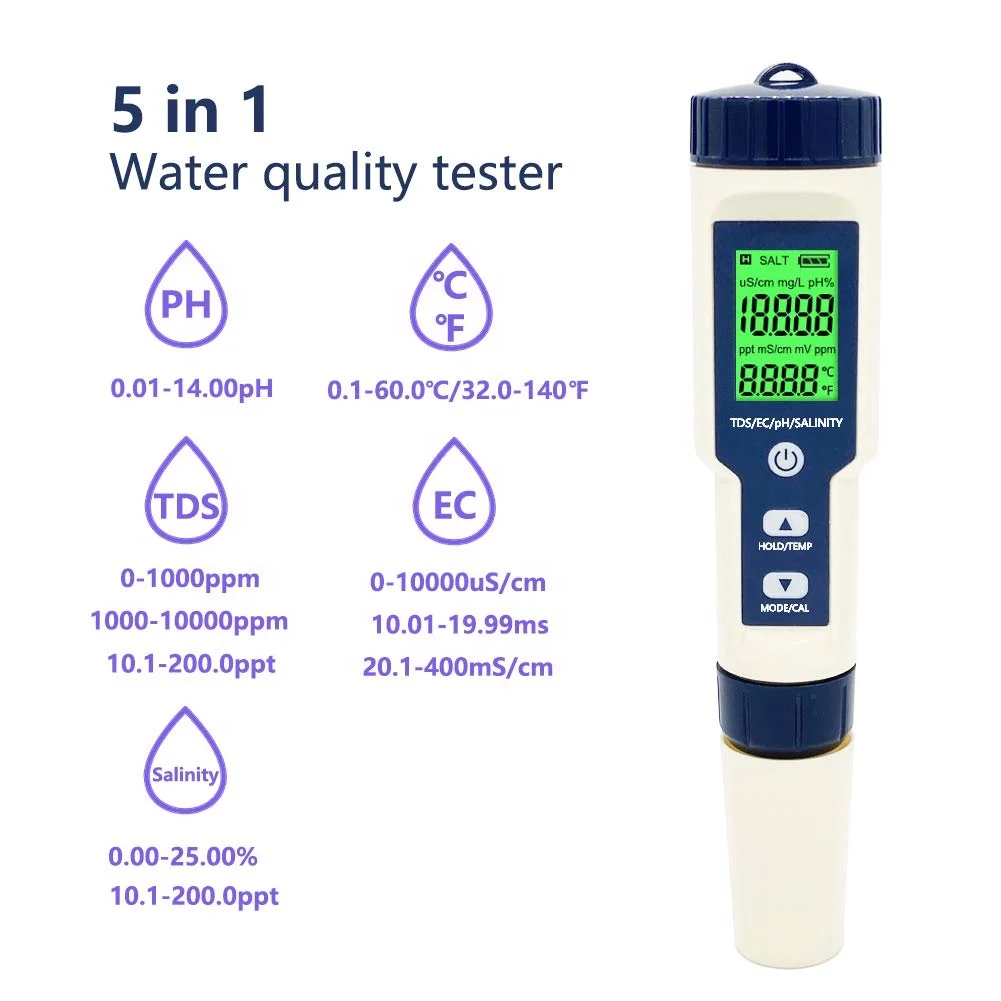 High Quality 5 in 1 TDS/EC/PH/Salinity/Temperature Meter Digital Water Quality Monitor Tester