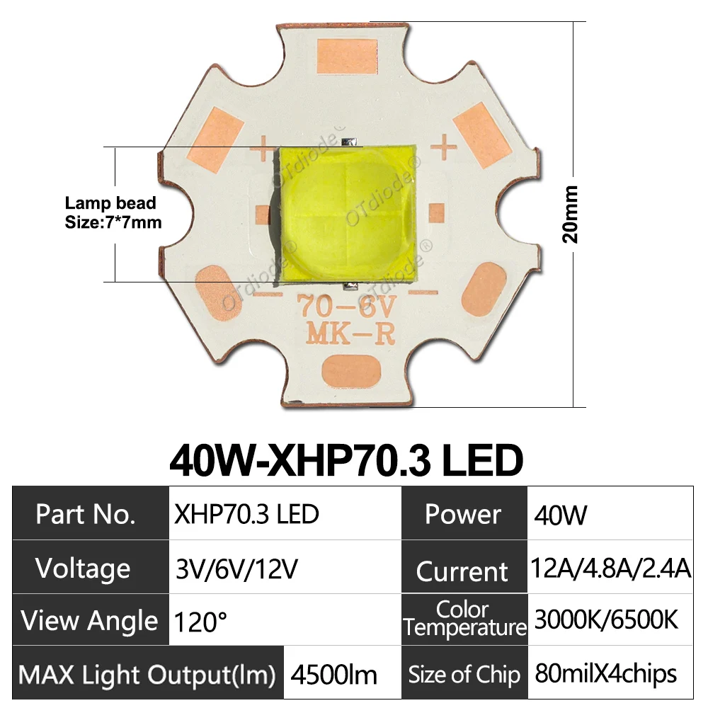 Suporte cerâmico Bead Lanterna Farol, Lâmpada do carro Fonte, alta potência, Chip, 7070 LED, DC 3V 6V 12V, 20W, 40W, XHP70, XHP50.2Flashlight