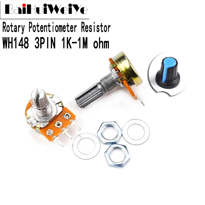 5 SET  WH148 1K 2K 5K 10K 20K 50K 100K 500K Ohm 15mm 3Pin Linear Taper Rotary Potentiometer Resistor for Arduino with AG2 CAP