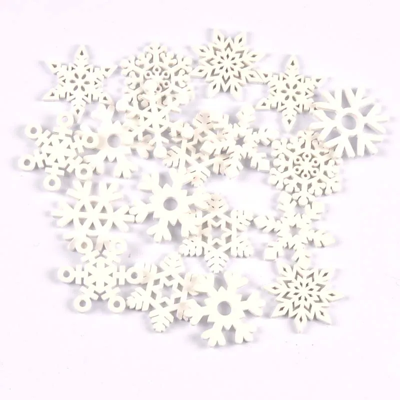 50pcs Mixed Wood White Christmas Snowflake Scrapbooking Crafts For DIY Accessories Home Decoration Tree Ornament MT3295