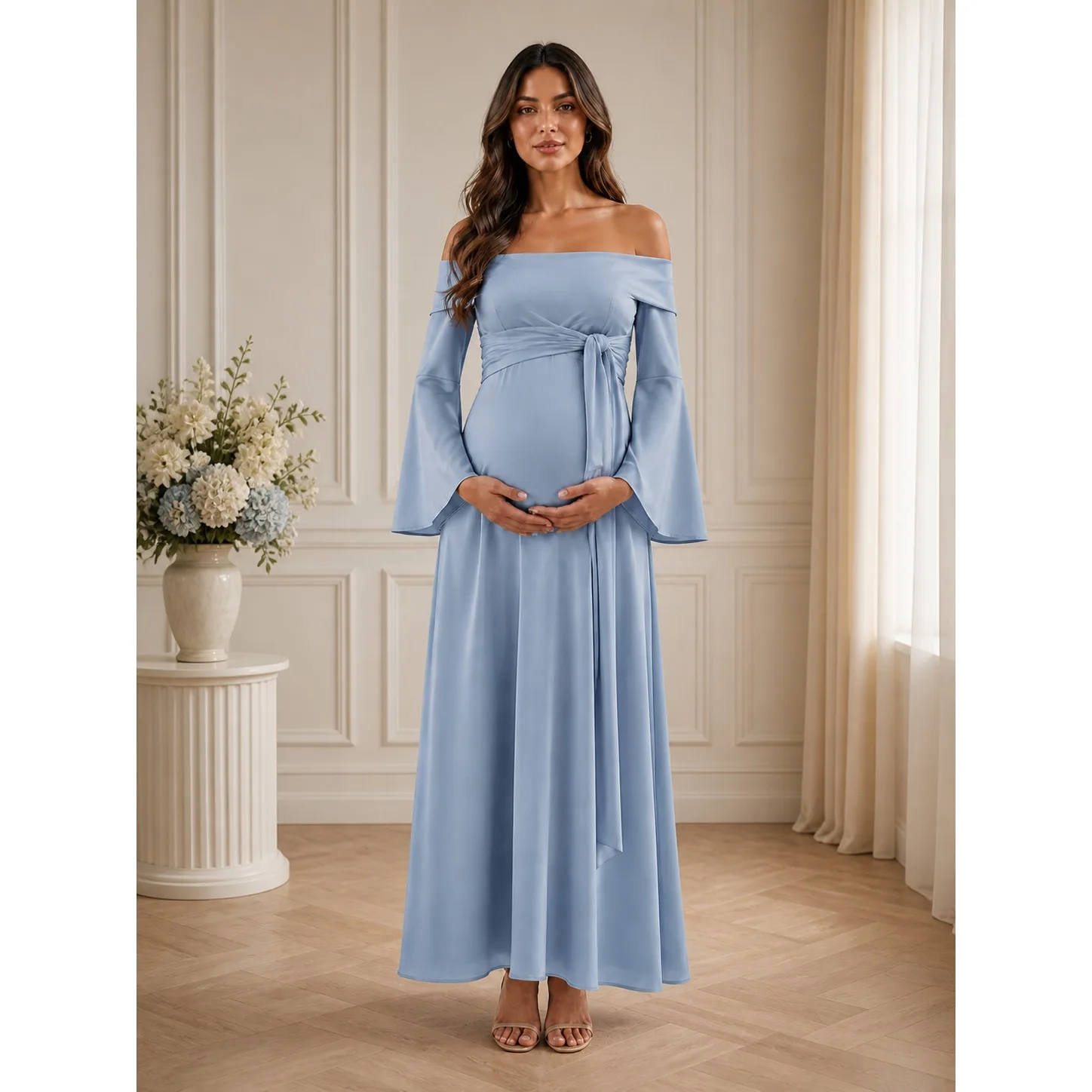 Dusty Blue Off Shoulder Maternity Baby Shower Dress with Flare Sleeves ZX018