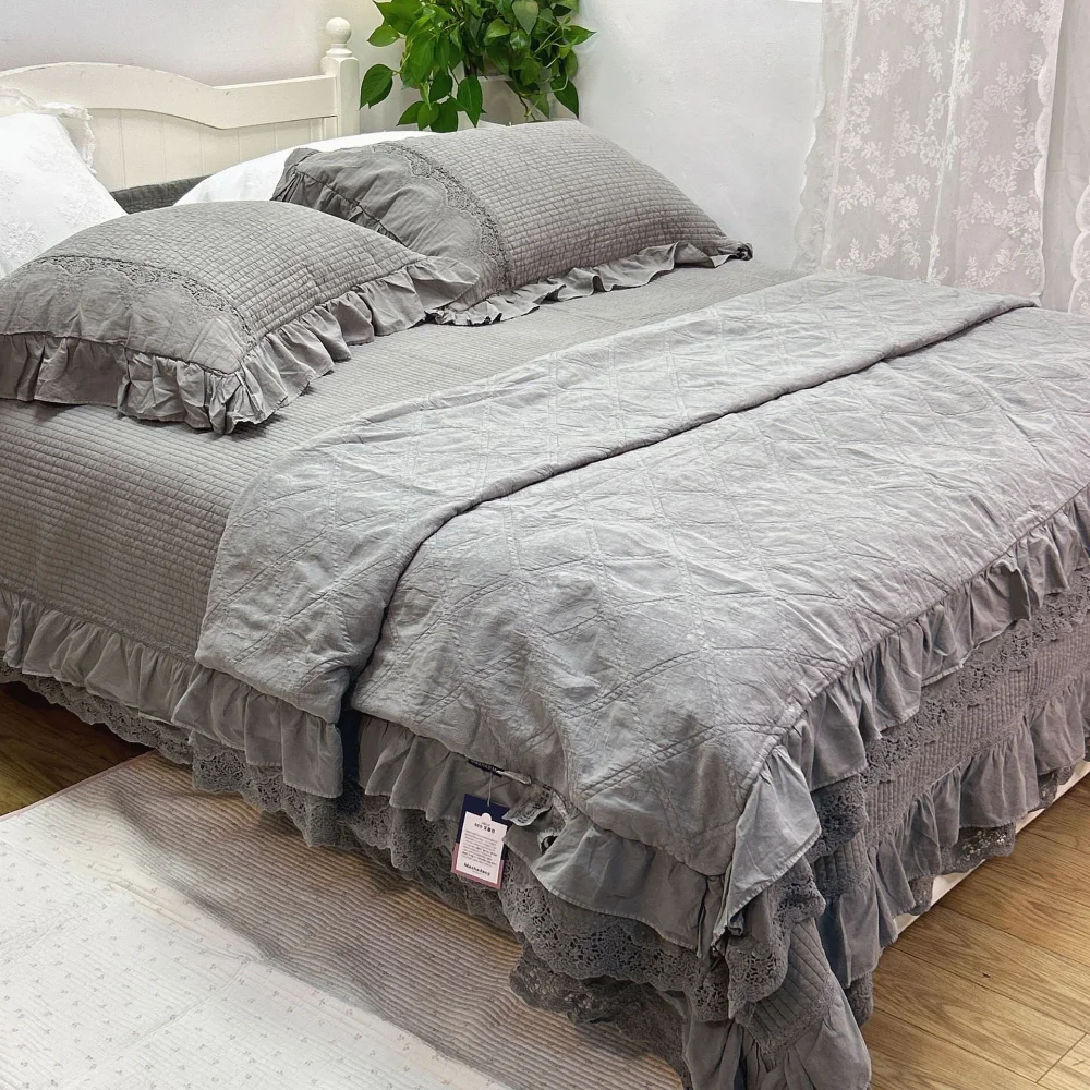 Luxury French Style Lace 100% Cotton Quilt Bedspread Set, Battenberg Lace Quilted Duvet Cover, All-Season 3pcs Comforter Set