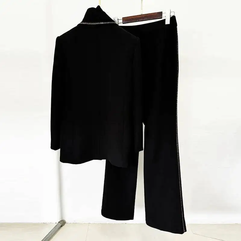 Luxury 2 Piece Sets Women Quality 2025 Spring Beading Blazers Wide Leg Pants Formal Occasions Suits Coats 2pcs Outfits Office