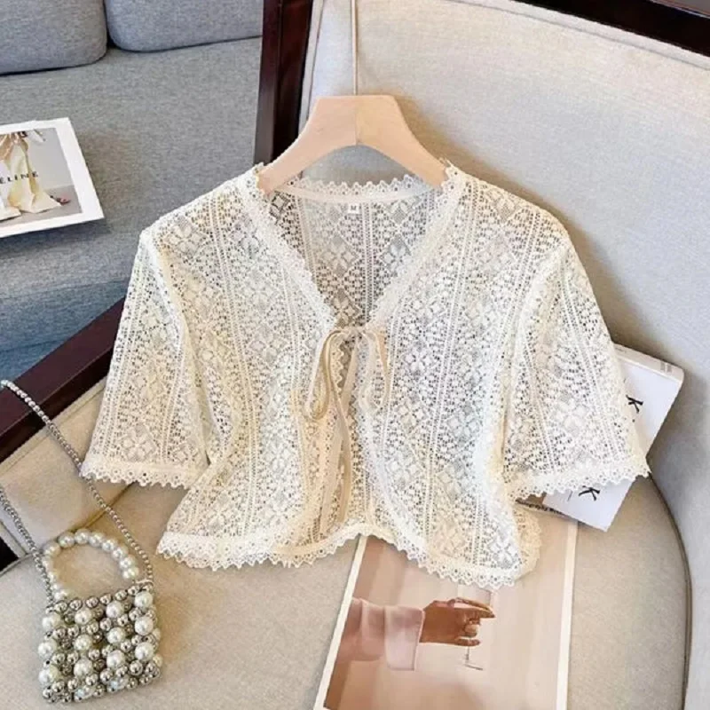 Summer Apricot Lace Belt Women Cardigan Korean Fashion V-neck Short Sleeve Cropped Tops Sweet Shrug Thin Sunscreen Jacket Female