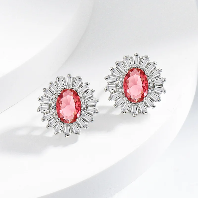 100% 925 Pure Silver Three-piece Red Gemstone Necklace, Ring and Stud Earrings for Ladies - Wedding Jewelry