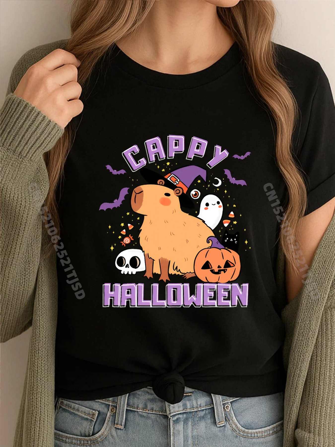 

Cappy Halloween Симпатичная капибара Хэллоуин Белая футболка с рисунком Забавные футболки Футболка мытая