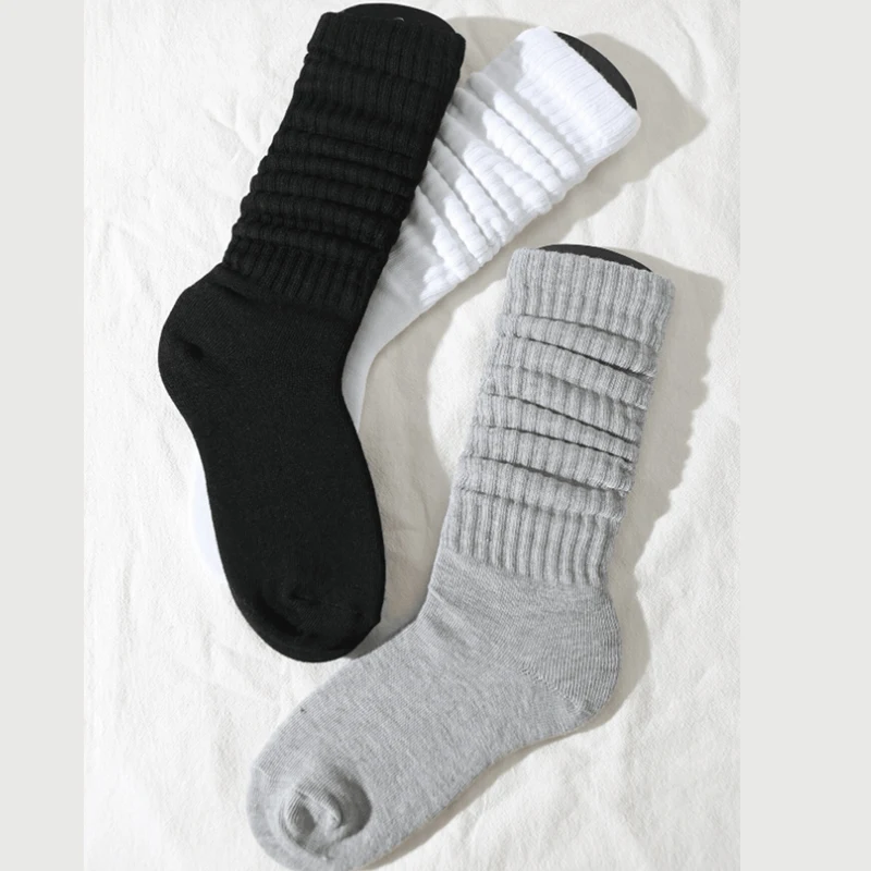 3 Pairs Women Pile Up Socks Fashionable Trendy Versatile White Solid Color Basic Socks Comfortable Breathable Mid Length Socks