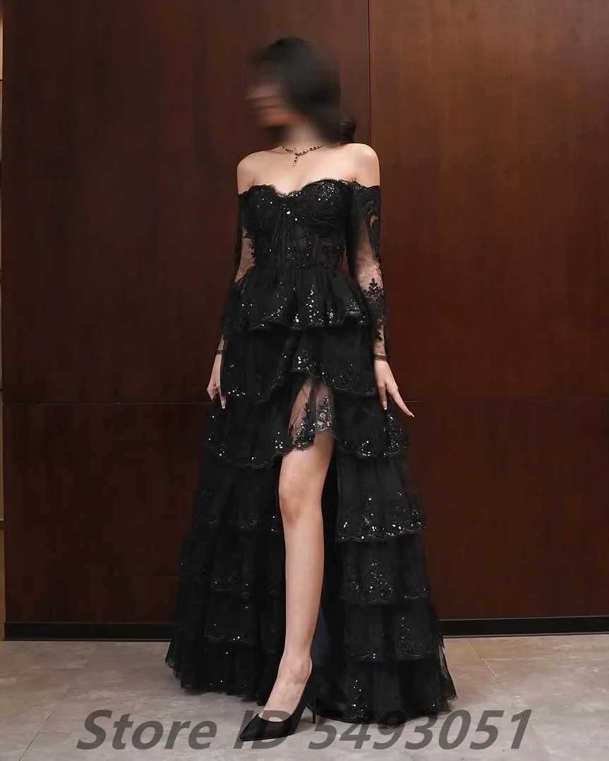 Sevintage 2025 Black Sparkle Lace Tiered Ruffles Evening Dresses Long Sleeve Side Slit Prom Dresses Dubai Formal Party Gown