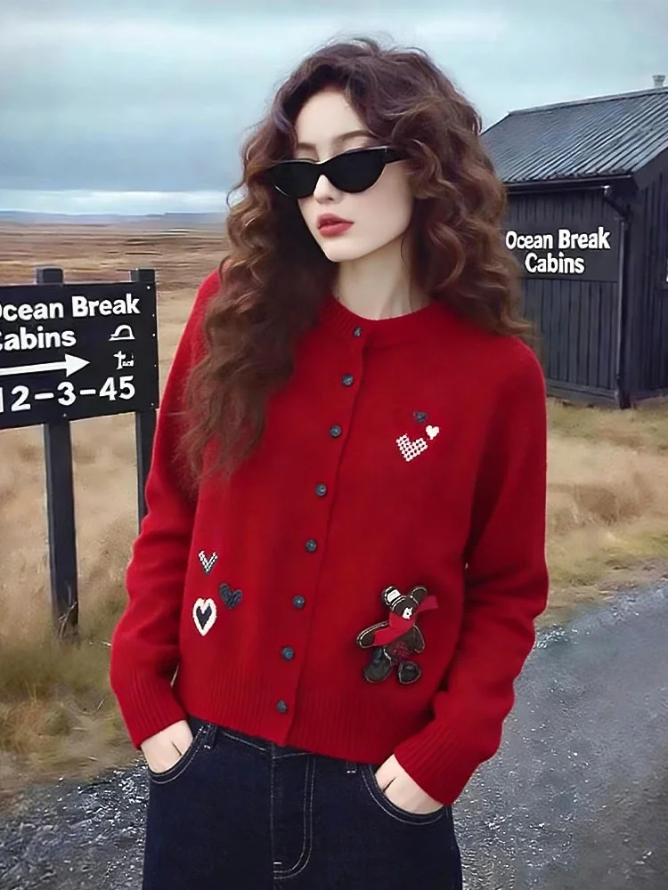 

Мягкий вязаный свитер, кардиган, женский весенний дизайн, корейский медведь, украшение красного цвета, новогодний, повседневный, длинный, с...